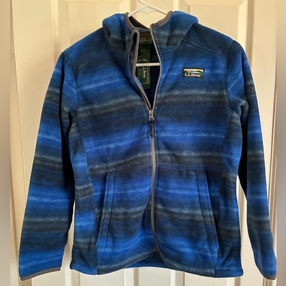 L.L. Bean Kids Striped Blue and Gray Polar Fleece Hoodie Size L (14-16) NWT